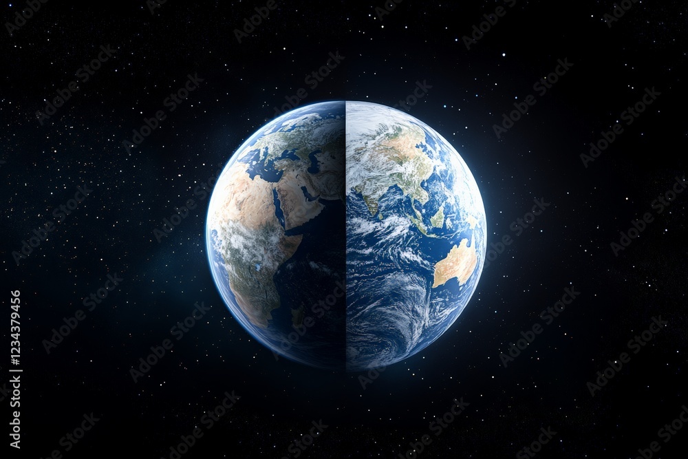 Poster earth viewed from space showing continents and oceans illuminated by sunlight against a starry backg