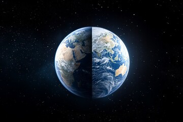 Obraz premium Earth viewed from space showing continents and oceans illuminated by sunlight against a starry background