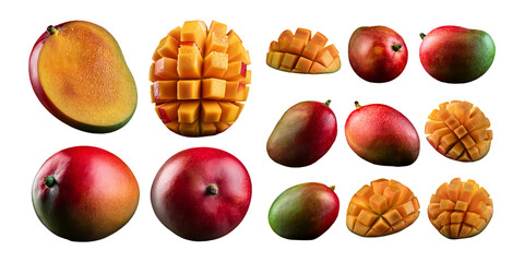 Fototapeta premium Fresh Mangoes and Sliced Mango Cubes Arrangement, PNG set collection, isolated on transparent background