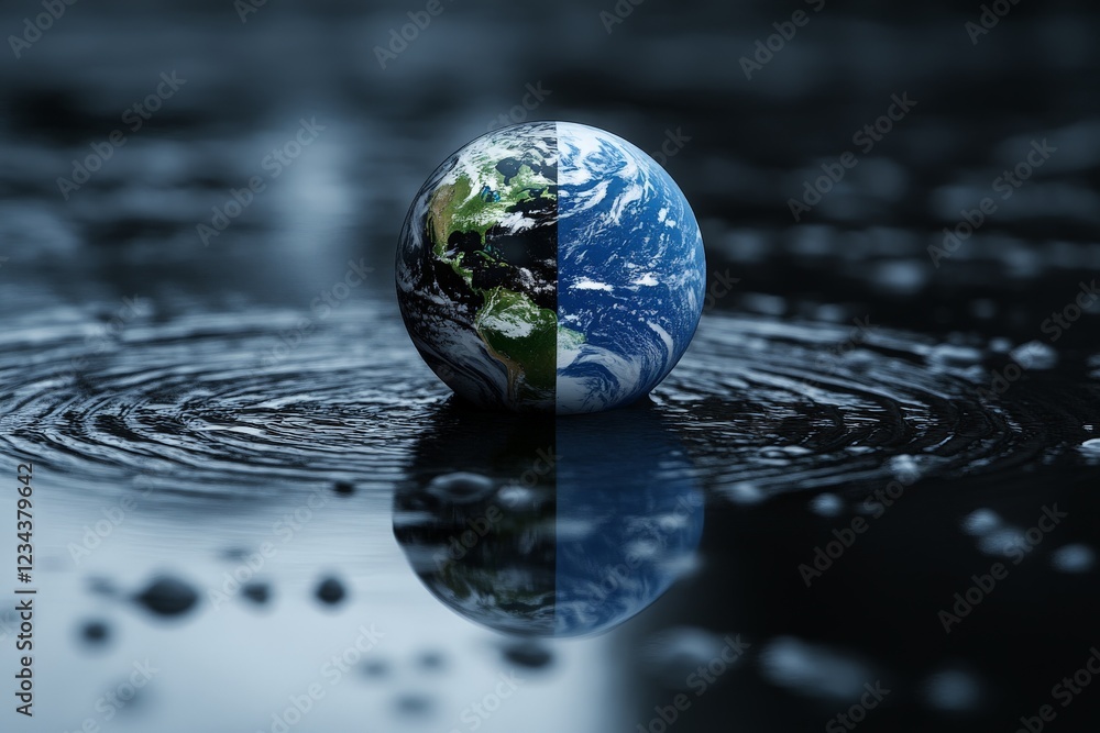 Poster world globe reflecting in water with ripples and a split view of land and sea under moody lighting