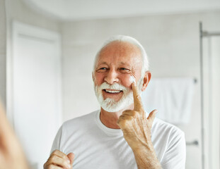 man bathroom care cream morning skin hygiene senior beard face mature elderly skincare beauty...