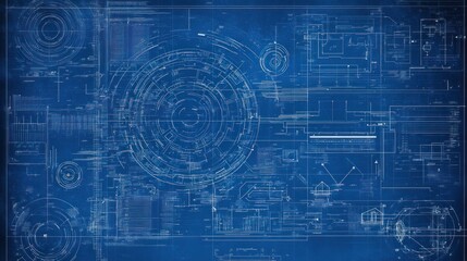 Abstract technological blueprint design on blue background.
