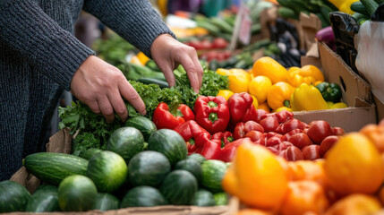 Person selecting fresh vegetables at vibrant outdoor market