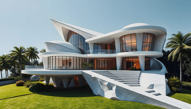 Playful surreal architecture. Super modern extravagant house. . Surreal modern villa. Futuristic luxury geometric architecture , with white tonespng