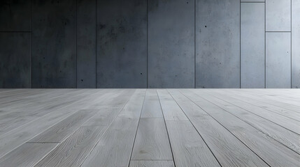 Naklejka premium Empty modern room with light grey wooden floor planks and a dark concrete panel wall background.