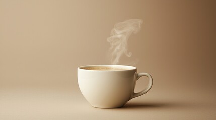 Obraz premium Steam rising from a coffee cup on a neutral beige backdrop in a calming setting