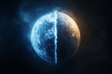 Fototapeta premium Planet with distinct blue and orange hemispheres surrounded by darkness in a starry atmosphere at night