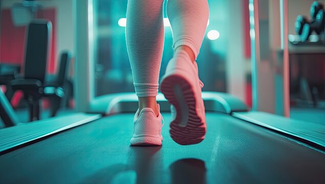 Woman's Legs Running on Treadmill in Gym Neon Lights