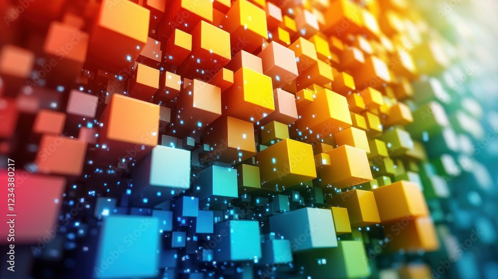 Poster colorful 3d cubes data flow with light particles