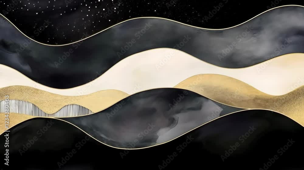Poster this abstract animation features dynamic flowing shapes in shades of black and gold, creating a mesm