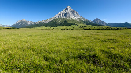 Fototapeta premium Majestic mountain peak over grassy plain, sunny day, travel poster