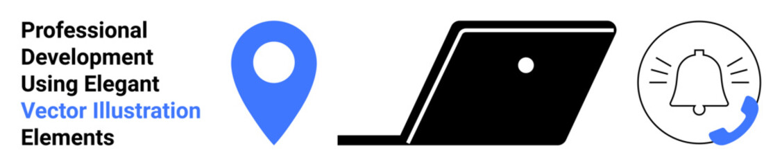 Location pin, laptop, notification bell, and call icons in minimalist style. Ideal for navigation, communication, productivity, professional development, remote work technology themes abstract line