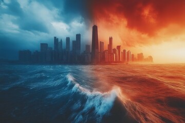 Fototapeta premium City skyline divided by contrasting stormy and fiery weather patterns