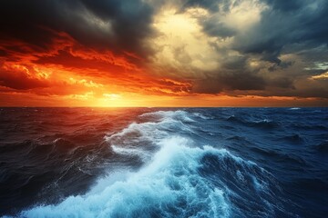 Obraz premium Vibrant sunset over turbulent ocean waters with dramatic clouds