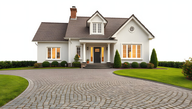 New house with cobblestone driveway , with white tonespng
