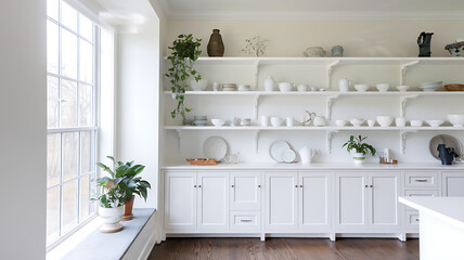 A clean kitchen with open shelving and white ceramic dishware