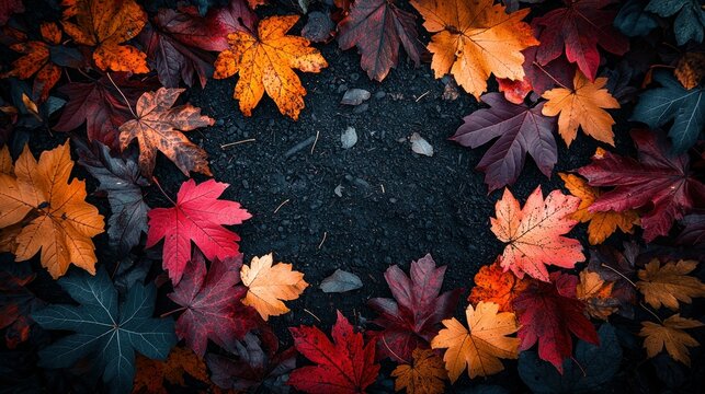 Colorful Autumn Leaves Frame on Dark Asphalt Background