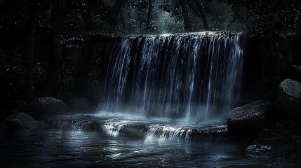 Fototapeta premium Nighttime Waterfall Cascading Through Dark Forest
