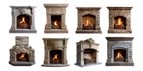 Variety of Elegant Fireplace Designs,PNG set collection, isolated on transparent background