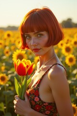 Naklejka premium Young Woman holds a flower, nature landscape, head and torso portrait.