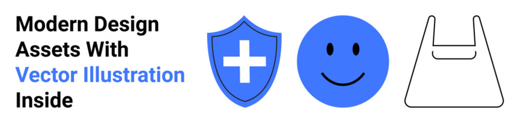 Blue shield with cross, happy face, and outlined shopping bag evoke concepts of security, happiness, and retail. Ideal for healthcare, well-being, e-commerce, consumer behavior modern apps positive