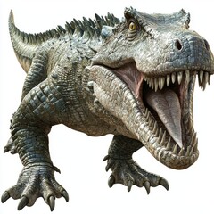 Obraz premium Realistic dinosaur depiction showcasing fierce expression and detailed scales in vibrant colors against a plain background