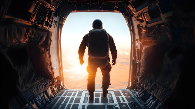 A skydiver stands at the open door of an aircraft, silhouetted against the light, channeling courage and readiness before taking a thrilling leap into the sky.