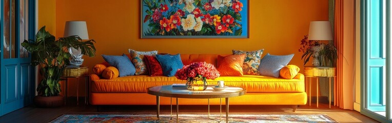 A vibrant living room with floral accents and gold-accented furniture, blending comfort with elegance.