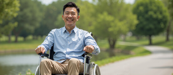 Smiling Man in Wheelchair Enjoying a Scenic Pathway Moment
