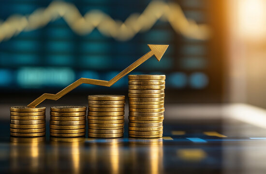 Growing business concept, businessman indicating financial progress with arrow chart, success, and strategy.