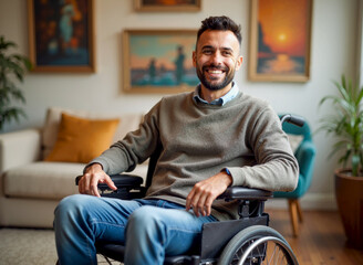 Fototapeta premium Smiling Man in Wheelchair Enjoys His Living Room Comfortably