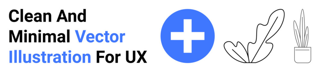 Blue plus symbol, outlined leaves, and modern potted plant in clean, minimal design. Ideal for health, nature, modern decor, technology wellness simplicity and eco-friendly concepts. Perfect