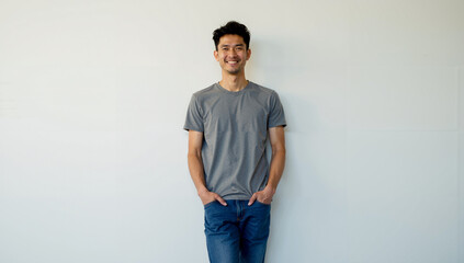 Man Leaning Against Wall with Hands in Pockets