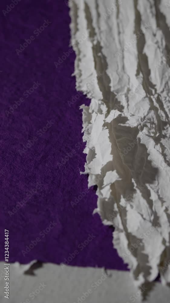 Poster A close-up of layered torn purple and white paper revealing ragged edges and subtle shadows, creating a bold textured backdrop.