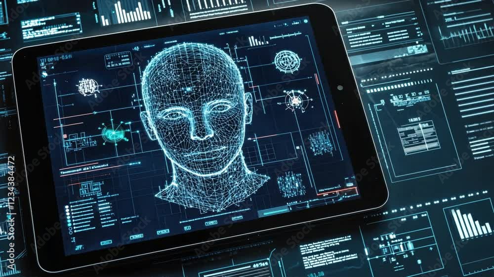 Poster digital tablet showcasing holographic human face with data analysis and advanced technology in artif