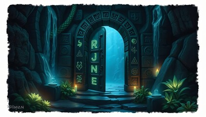 Ancient Obsidian Temple Door with Glowing Runes – A forgotten gateway carved into black stone, surrounded by cascading waterfalls and luminous bioluminescent plants
