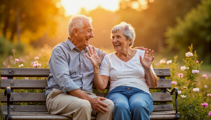 Older Couple Enjoying a Serene Moment on a Park Bench with Flowers