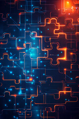 Obraz premium Abstract glowing neon puzzle shapes in blue and orange tones, representing technology, innovation, digital networks, and futuristic connectivity.