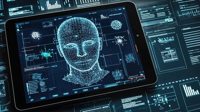 Digital Tablet Showcasing Holographic Human Face with Data Analysis and Advanced Technology in Artificial Intelligence