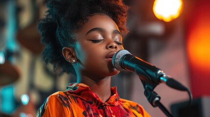 A young artist singing in a brightly lit studio.