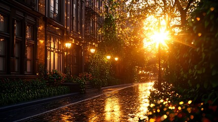 Naklejka premium Golden Hour Sunset on a Rainy City Street