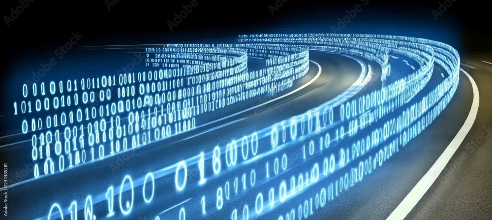 Poster binary code data flowing on a road, symbolizing high-speed data transfer and technology.