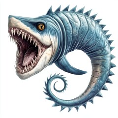 Naklejka premium Fierce Imaginary Sea Creature with Sharp Teeth and Intricate Details, Combining Elements of Fish and Dragon-Like Features