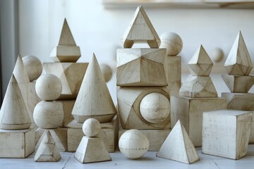 Wooden geometric shapes arranged creatively on a light surface in a bright room environment during the daytime
