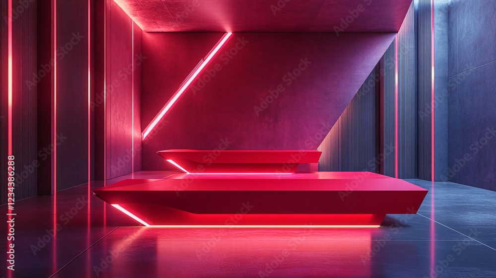 Poster modern interior with futuristic red podium illuminated by neon lights in a minimalistic architectura