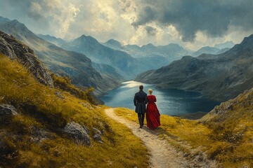 Fototapeta premium Shot of a couple going for a hike up the mountain, lake in the background