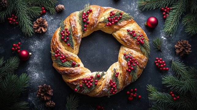 Christmas bread wreath decorated with red berries and pine branches 