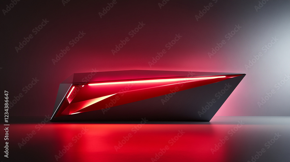 Poster futuristic red geometric structure with illuminated details in a minimalistic environment, showcasin