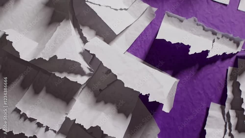 Poster A close-up of layered torn purple and white paper revealing ragged edges and subtle shadows, creating a bold textured backdrop.