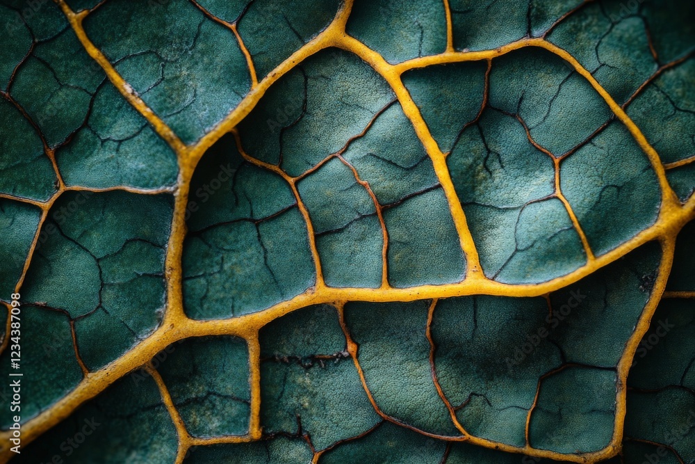 Poster intricate details of a leaf's surface showcasing vibrant colors and patterns during bright daylight